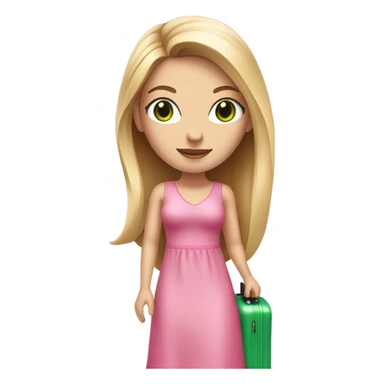 Realistic White girl with Long straight blonde hair and green eyes, tattoos, full body wearing pink dress, holding pink luggage sticker