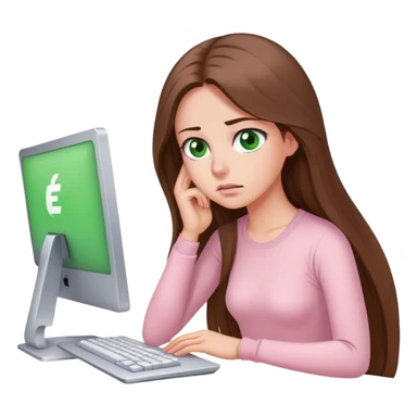 pretty woman with very long brown hair and green eyes and light pink outfit tired working on a computer sticker