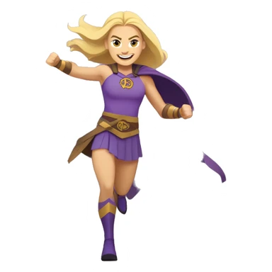 blond haired tall superhero woman with strong shoulders happily boldly charging into action. Her face looks like actress Annie Murphy. Her costume colors are purple and yellow. Her shoes are Hoka. The emblem on her costume is a Minnesota Viking. sticker