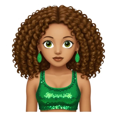 Melanie Brown with long brown curly hair, green sequin crop top, dark brown eye sticker