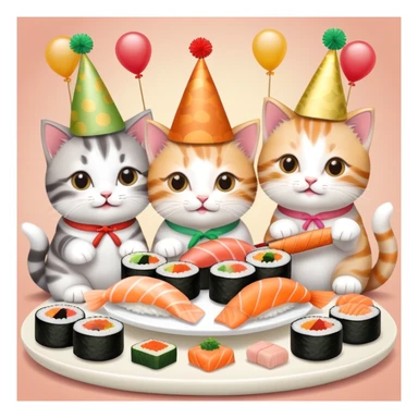 Nine kitties enjoying sushi birthday feast sticker