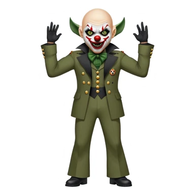 evil clown, bald, small black satan horns on forehead, fangs, pointed ears, black and military green leisure suit with bellbottom pants, realistically proportioned, less bulky, full body, battle-ready fighting posture sticker