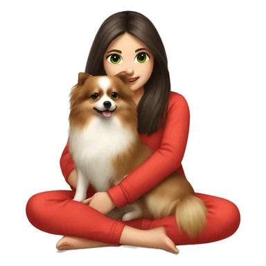 light-skinned-girl-with-dark-long-brown-hair-and-green-eyes-in-red-pajamas-petting-pomeranian sticker