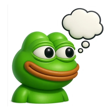 make a pepe in bright green smiling with thought bubble looking at right side in 3d style, good highlights and shadows, drop shadows sticker