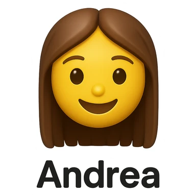 3D smiley emoji, girl style, long hair, smiling face, with the name 'Andrea' below in printed letters sticker
