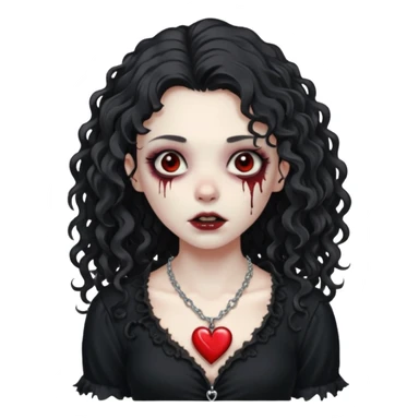 a zombie girl with a scar on her face, long curly hair, wearing a black blouse and a silver necklace with a heart pendant. sticker