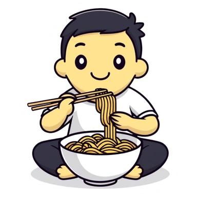super programmer eating noodles while coding, cartoonish sticker style sticker