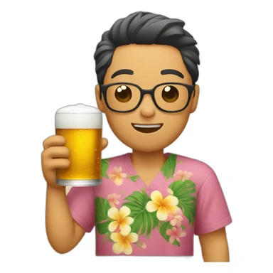 Japanese wearing roundglasses alohashirt is holding beer sticker