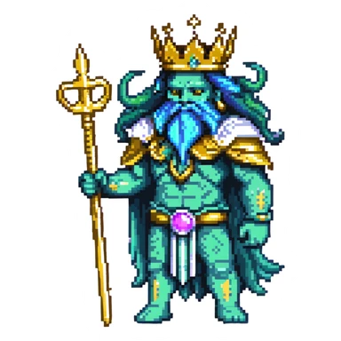 Neptune god of the sea wielding golden trident, blue-green skin, wearing crown sticker