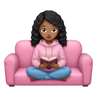 Una chica linda de cabello negro con ondas hasta los hombros de piel blanca con una sudadera rosa en un sofá cómodo y hermoso leyendo la biblia sticker