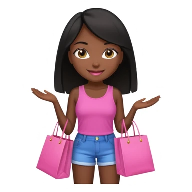 Uma menina morena cabelo liso preto olhos puxados fazendo compra com sacolas rosas  com top e short  sticker