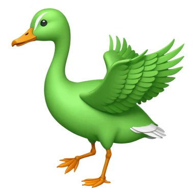 Emoji of a running goose with a very long neck and two legs. Use 🪿 shape but color it bright green (#39C700). The wings must be pressed tightly against the body, fully folded with no gap or spread. Do NOT show wings flapping or extended sticker