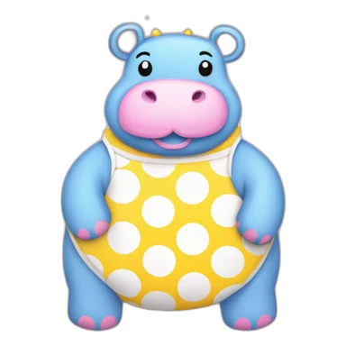 Pink cute hippo with yellow ears, yellow belly, belly pouch in blue with white polka dots sticker