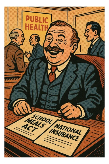 A happy Victorian politician from the early 1900s sitting at his desk.  On his desk are documents.  One document reads 'School Meals Act' and another document reads 'National Insurance'.  In the background of his office are other politicians with a poster on the wall reading 'Public Health' sticker