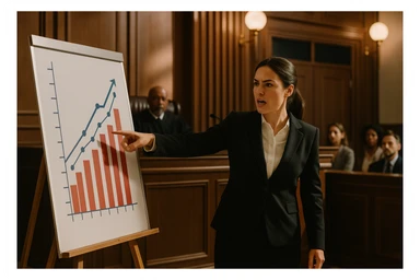 lawyer woman, giving a presentation, pointing at a chart, courtroom setting, assertive sticker