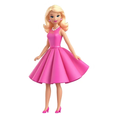 Barbie, classic doll with blonde hair, pink dress, cheerful expression, in a playful pose, 3D style, shiny and smooth look sticker