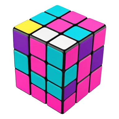 A 3x3 Rubik's Cube with radical 90s American color scheme, slightly twisted position, fluorescent colors, teal, hot pink, neon yellow, and purple sticker