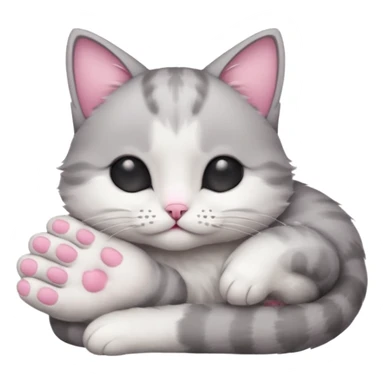 grey and white small cat with its eyes closed lying down with its paw curled under his chin holding it up sticker