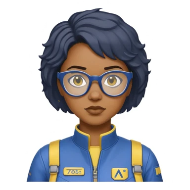 stern Black woman with short textured hair, glasses, wearing blue Fallout Vault jumpsuit with yellow trim and number on back, minimalist sticker