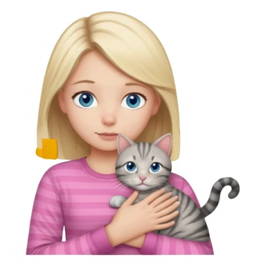 Blonde girl with blue eyes in pink shirt cuddling with grey tabby cat with dark grey stripes sticker