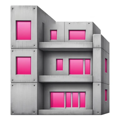 Gray concrete brutalist architecture with a single bright pink window and multiple regular windows sticker