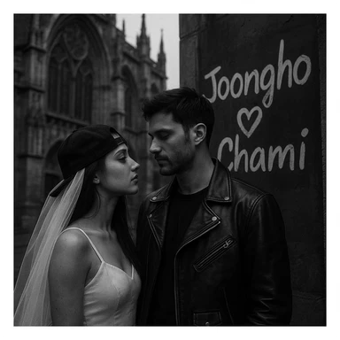 moody black-and-white street-style wedding couple in front of a gothic cathedral, bride wearing white veil and black snapback, groom in black leather jacket, urban trendy vibe, 'Joongho ❤️ Chami' in cool handwritten style on a wall or sign, black-and-white color theme, moody atmosphere sticker