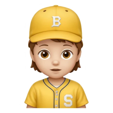 brown hair baby with yellow baseball ersey and hat sticker