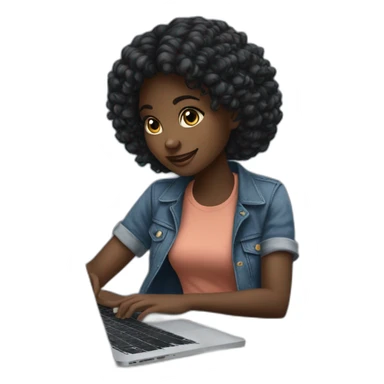 a young african girl with black wavey hair using her macbook to code on her table and where a denim top sticker