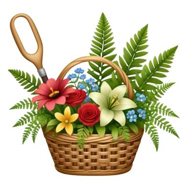 Icon for Floristry: a bouquet of flowers in a woven basket, with reeds, ferns and floral arranging tools nearby, like scissors and a flower stem. The icon should represent creativity in flower design and arranging. Transparent background. sticker