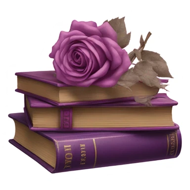 An aesthetic stack of vintage books in various shades of purple with dried pink roses. sticker
