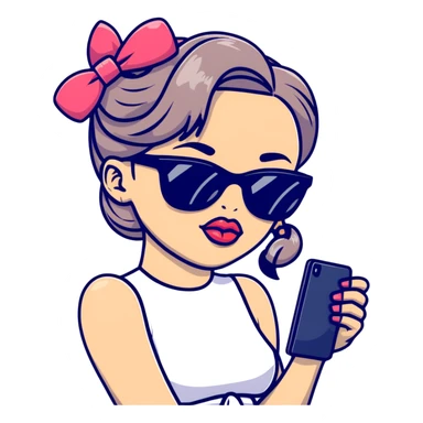 Girl with huge lips, sunglasses, bow on her hair, holding a phone with attitude sticker