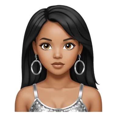 LeToya Luckett with black long hair, silver sequin crop top, silver earring sticker