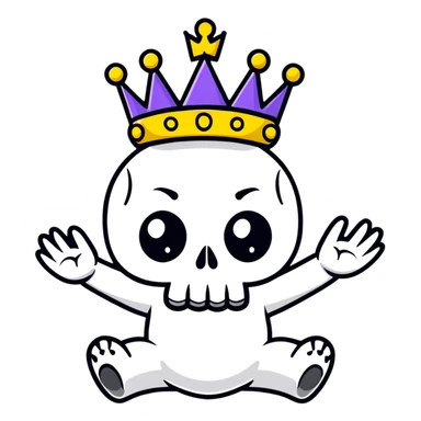 A shocked skull with a crown on top, both hands raised pressing on its head in disbelief, black and white sticker