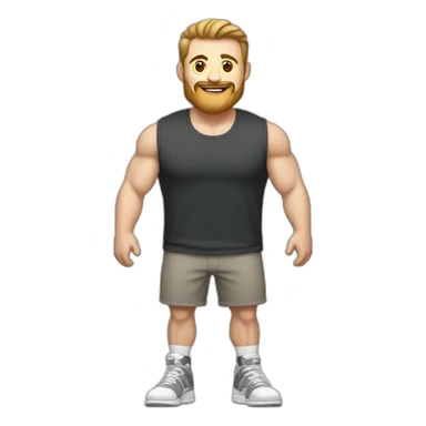 Full height Actively gesturing with hands Pale skinned Fit Man With the biceps and light brown hair with Bristle in dark gray Sleeveless Mike, black oversize sports shorts and white Sneakers sticker
