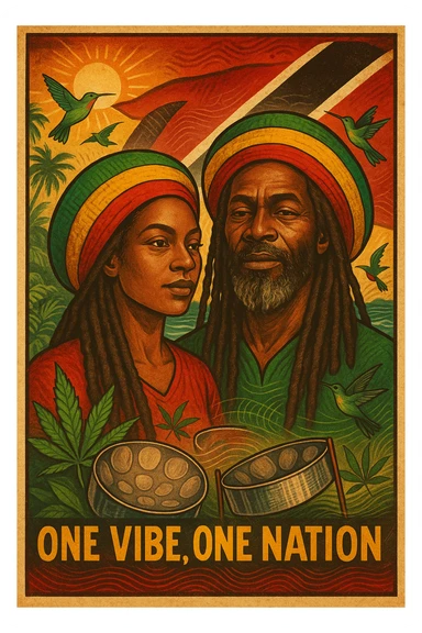 Create a vibrant digital illustration in vintage poster style featuring a proud Trinidadian Rasta man and woman with long dreadlocks and a bold red, gold, and green tam. The background should incorporate the Trinidad and Tobago flag in a stylized, textured way — using deep red, black, and white tones that blend with tropical elements. Surround the figure with iconic cultural symbols like steelpan drums, ganja leaves, and hummingbirds in flight. Add warm Caribbean sunlight, ocean waves, and lush greenery to enhance the island energy. The Rasta man should radiate peace, power, and island wisdom — with bold facial features, calm expression, and a sense of spiritual presence. The overall tone should be rootsy, regal, and rich with island soul — merging reggae culture with Trinidadian pride. Optional accents: subtle soca rhythm lines in the background or a quote like “One Vibe, One Nation.” sticker