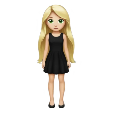 Full body blonde girl with long hair and green eyes, wearing a black dress, emoji style, sticker