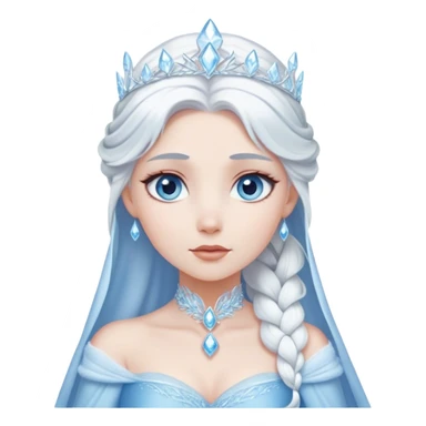 Cinematic Serene Snow Queen Portrait Emoji, rendered in a simplified vector style. Depict a gentle Elsa (chest and above) with delicate icy skin, softly cascading platinum hair, and calm, reflective blue eyes, dressed in her classic ice-blue gown. The image exudes a soft, luminous frosty radiance with high shine and a subtle glowing outline. sticker