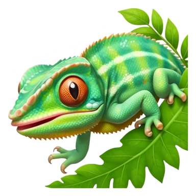 cinematic cute -baby chameleon-realistic emoji, mouth wide open with tongue out catching prey, -blending-with-vibrant-greenery.-detailed-scales-in-shifting-colors,-showing-the-chameleon’s-ability-to-camouflage.-soft-natural-light-highlights-its-texture.-light-background, zoomed into its face sticker