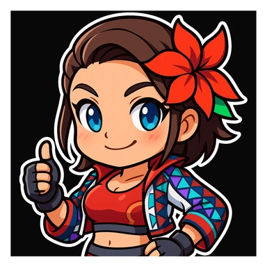 Azucena from Tekken 8 in chibi sticker style, giving thumbs up with a confident smile, standard Twitch emote, wearing her detailed red and patterned outfit as shown in the reference images. sticker