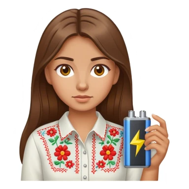 A Ukrainian girl with brown hair in an embroidered shirt holds a battery sticker