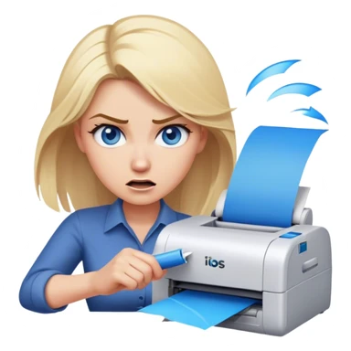 woman with blonde hair and blue eyes shaking printer in anger sticker