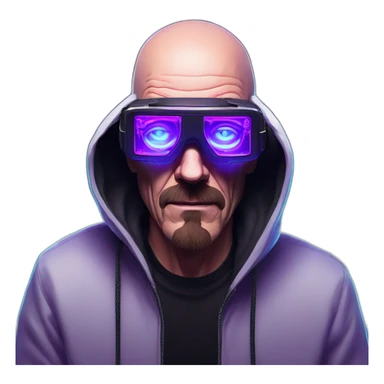 Walter White wearing a black hoodie with "OMG" letters on it and VR headset in a cyberpunk VR environment with violet neon lighting. sticker