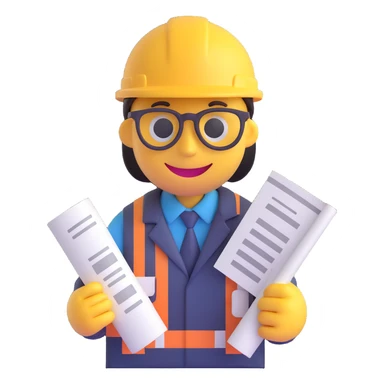 3D smiley emoji, round shape, architect face with architect hat and blueprint, text 'Arcépítész' sticker