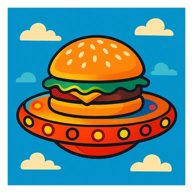 whimsical and playful UFO shaped like a burger, glowing lights, sesame seed bun top, floating in the sky sticker
