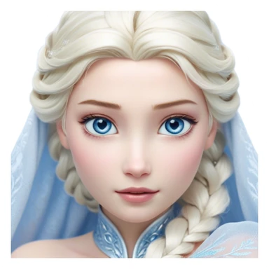 Cinematic Realistic Elsa Portrait, depicted with lifelike skin texture, soft natural lighting, and intricately detailed platinum blonde hair styled elegantly. Her striking, expressive blue eyes exude confidence and grace, complemented by a serene and regal expression. She is dressed in her signature icy attire, with shimmering fabric textures and delicate folds that catch the light beautifully. The portrait features a soft, enchanting glow with a cool, radiant finish, capturing the essence of timeless elegance in a realistic and painterly style, evoking a sense of depth and authenticity. sticker