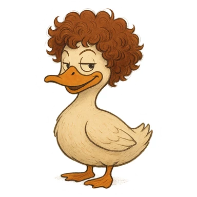 ghibli style duck with Jeff Ross's curly hair, looking witty sticker