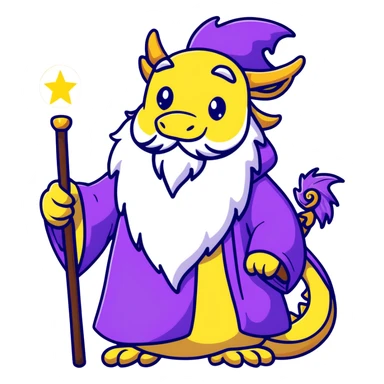 A wise old dragon wizard with a long beard, starry purple robes, and a glowing magic staff sticker