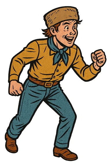 The full body of a young male 1860s American settler in the American West looking excited and about to start a race standing up straight sticker