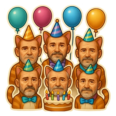Make the six cats look more like men in their forties, with subtle masculine facial features, mature expressions, and hints of age, while keeping the festive birthday party emoji style. Preserve the transparent background. sticker