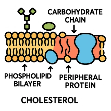 scientific diagram style biomembrane cross-section showing phospholipid bilayer, integral and peripheral proteins, cholesterol, carbohydrate chains, clear labeling and arrows sticker